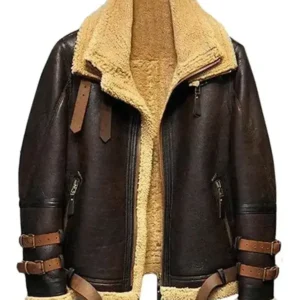 Belted Cuffs Collar Brown Shearling Jacket