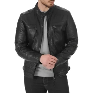 Men Black Sheepskin Leather Biker Jacket