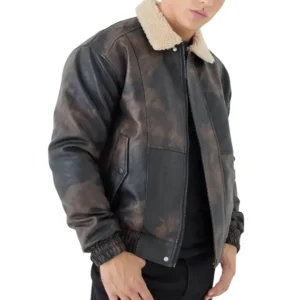 Men Fur Collar Distressed Brown Sheepskin Jacket